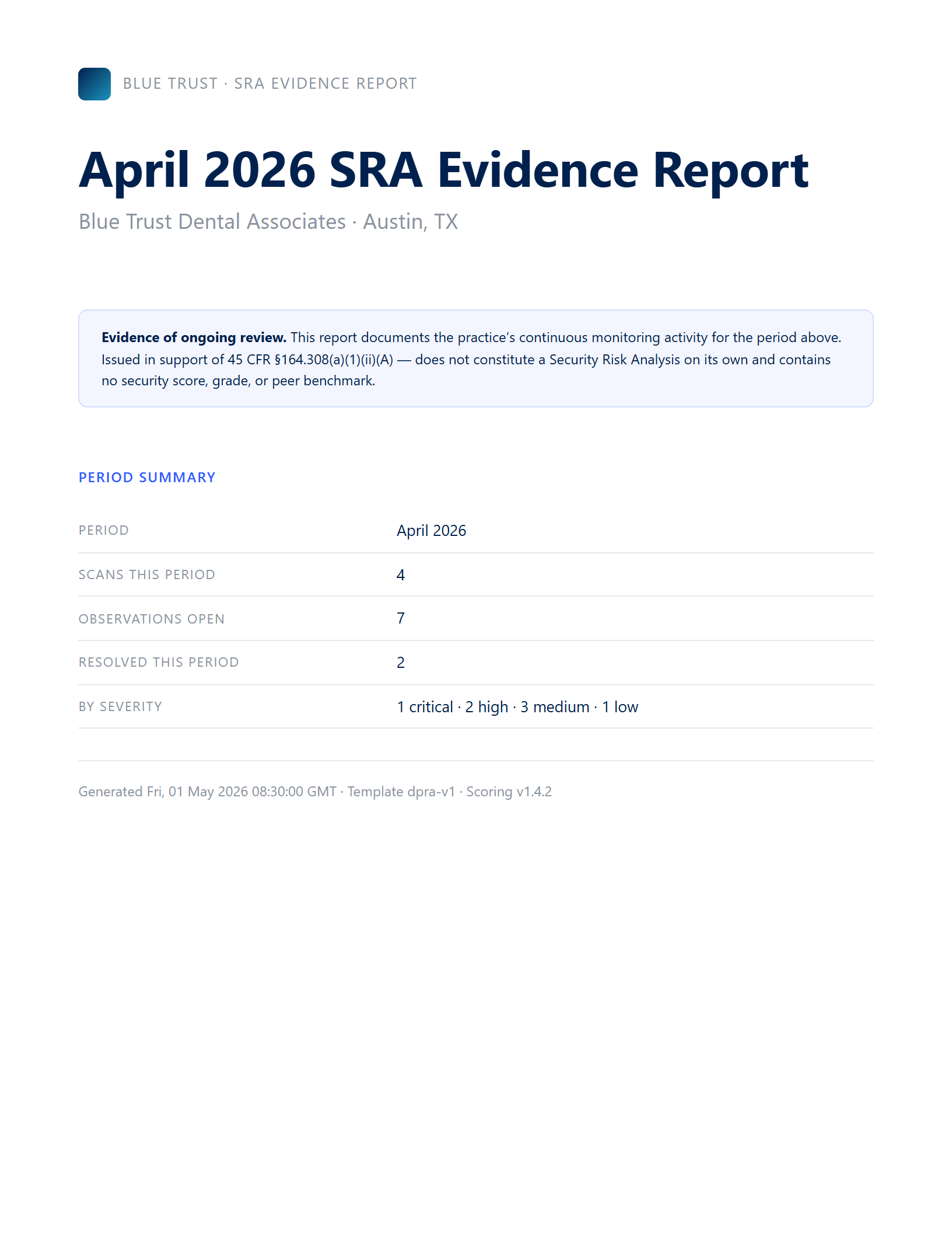 Cover page of the W-SRA Evidence Report — Blue Trust Dental Associates, April 2026
